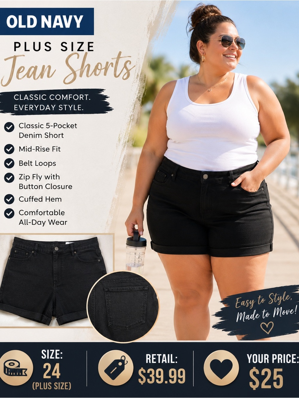 Old Navy Plus Size Black Jean Shorts - Cuffed Mid-Rise